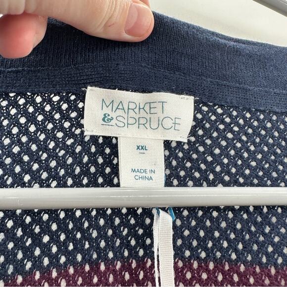 Market & Spruce Burgundy & Navy Striped Colorblock Open Knit Long Sleeve Sweater - Picture 5 of 7